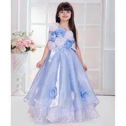 Tiny Kingdom Satin Woven One Shoulder Ruffles Sleeves Floral Stone Designed Gown - Blue-picture-27