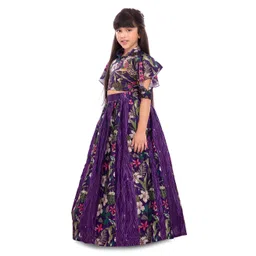 Tiny Kingdom Woven Half Puffed Sleeves Bird Embroidered Floral Printed Coordinating Lehenga Choli With Hair Clip Set - Purple image 4