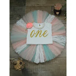 TINY MINY ME Girls Peach-Coloured & White Printed T-shirt with Skirt-picture-24