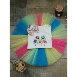 TINY MINY ME Girls White & Blue Printed T-shirt with Skirt-picture-11