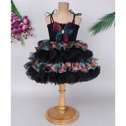 TINY MINY MEE Organza Elastane Woven Sleeveless Floral Printed & Butterfly Applique Detailed Layered Dress - Black-picture-11