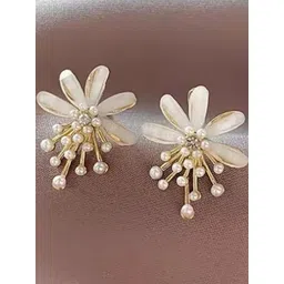 Tiso Gold & White Flower Earrings | Statement Stud Earrings for Women and Girls-picture-12