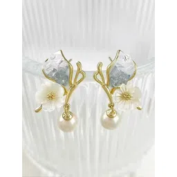 Tiso Gold plated Crystal Studded And Pearls Beaded Floral Shaped Korean Drop Earrings-picture-34