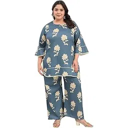 tissu plus Women's Grey Floral Pure Cotton Tunic with Palazzo Co-ord Set-picture-44