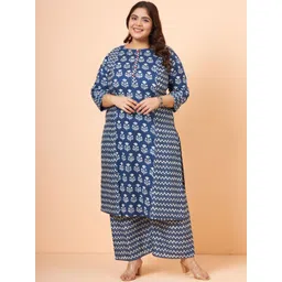 Tissu Plus Size Floral Printed Round Neck Indigo Pure Cotton Straight Kurta with Palazzos-picture-12