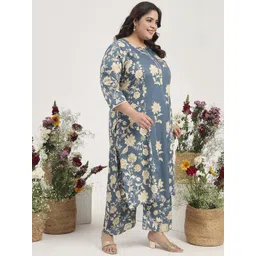 Tissu Plus Size Floral Printed Round Neck Pure Cotton Straight Kurta with Palazzos image 3