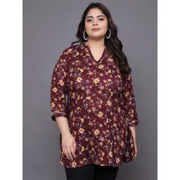 Tissu Plus Size Floral Printed V-Neck Gotta Patti Pure Cotton Kurti-picture-33