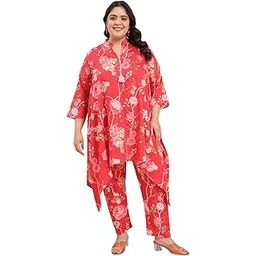 tissu Women's Plus Size Pure Cotton Red Asymmetrical Top with Trouser Co-ord Set-picture-55