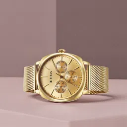 Titan Classique Suave Quartz Yellow Dial Golden Stainless Steel Mesh Strap Watch for Men-picture-30