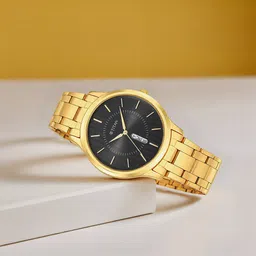 Titan Karishma Quartz Analog with Day and Date Black Dial Golden Stainless Steel Strap Watch For Men-picture-20