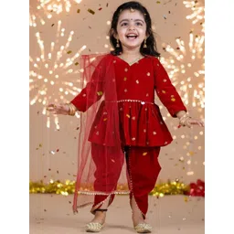 Titrit Girls Ethnic Motifs Embroidered Empire Mirror Work Velvet Kurta with Dhoti Pants & With Dupatta-picture-18