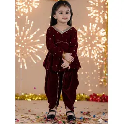 Titrit Girls Ethnic Motifs Embroidered Tiered Gotta Patti Velvet Kurti with Dhoti Pants-picture-55