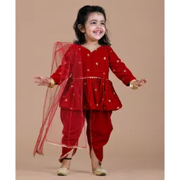 Titrit Velvet Woven Full Sleeves Gota Lace & Sequin Embellished Kurti Dhoti With Dupatta Set - Red-picture-13