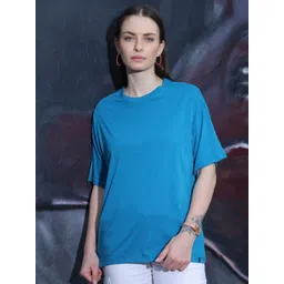 TITTLI Women Colourblocked High Neck Pure Cotton Applique Boxy T-shirt-image-35