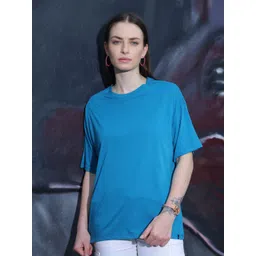 TITTLI Women Colourblocked High Neck Pure Cotton Applique Boxy T-shirt-image-39
