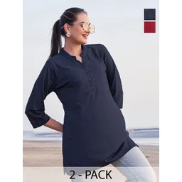 TITTLI Women Pack Of 2 Solid Mandarin Collar Pure Cotton T-shirt-picture-28