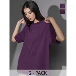TITTLI Women Pack of 2 Solid Round Neck Pure Cotton Oversized T-shirts-picture-29
