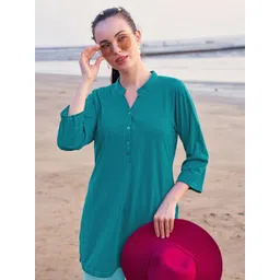 TITTLI Women Solid Mandarin Collar Pure Cotton T-shirt-image-49