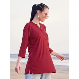 TITTLI Women Solid Mandarin Collar Pure Cotton T-shirt image 4