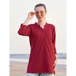 TITTLI Women Solid Mandarin Collar Pure Cotton T-shirt image 1