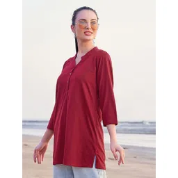 TITTLI Women Solid Mandarin Collar Pure Cotton T-shirt image 3