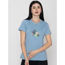 TITTLI Women V-Neck Tropical Pure Cotton Applique T-shirt-image-32