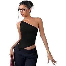 TIVANTE Solid Women's & Girl's Asymmetric One Shoulder Side Slit Crop Top for Women Sleeveless Top for Women-picture-30