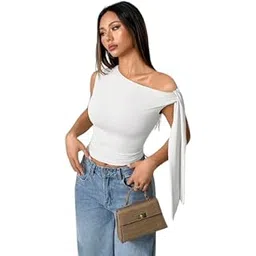 tivante Solid Asymmetrical Shoulder Tie Strap Crop Top for Women-picture-38