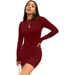 tivante Solid Mock Neck Long Sleeve Mini Bodycon Ribbed Dress for Women-picture-19