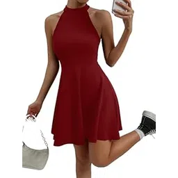 tivante Solid Mock Neck Sleeveless Flared Mini Dress for Women-picture-5