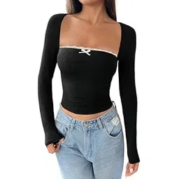 tivante Solid Square Neck Lace & Bow Detailed Full Sleeve Regular Fit Casual Ribbed Tops for Women Summer Tops for Women-picture-24