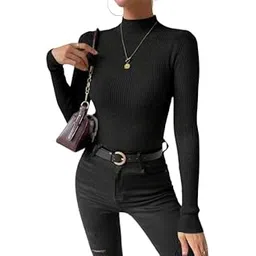 tivante Solid Turtle Neck Ribbed Knitted Slim Fitted, Soft, Stretchable, Casual Street Full Sleeves Stylish Regular Length Top for Women-picture-32