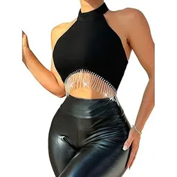 tivante Solid Women Halter Neck Sleeveless Latest Stylish Western Ribbed Tank Crop Tops with Rhinestone Fringe-picture-18
