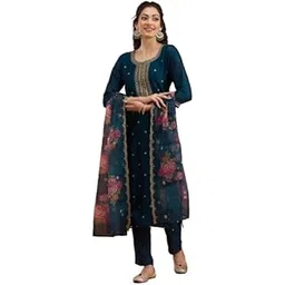 tiwesa Women's Embroidered Salwar Kameez Set with Floral Dupatta, Traditional Indian Ethnic Dress, Navy Blue and Pink, 3 Piece-picture-44