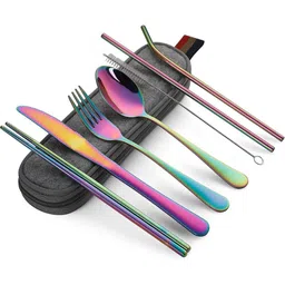 tnke 8-in-1 Reusable Travel Spoon Fork Knife Chopsticks Straw Set with Cleaning Brush Stainless Steel Cutlery Set-picture-14