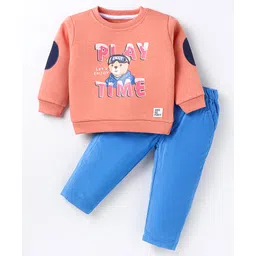 ToffyHouse 100% Cotton Knit Full Sleeves Winter Wear Sweatshirt & Joggers Set with Text & Bear Print - Dark Peach-picture-16