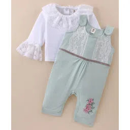 ToffyHouse 100% Cotton Knitted Full Sleeves Frill Detailed Top with Floral Print & Lace Detailing Dungaree - Green & White-picture-34