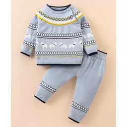ToffyHouse 100% Cotton Knitted Full Sleeves T-Shirt & Lounge Pants With Argyle Design - Sky Blue-picture-36