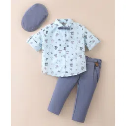 ToffyHouse 100% Cotton Woven Full Sleeves Toy Printed Shirt & Trouser Set with Bow & Suspender - LightBlue-picture-19