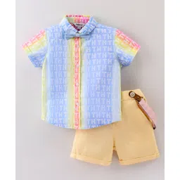 ToffyHouse 100% Woven Cotton Half Sleeves Alphabet Print Shirt & Shorts With Suspenders & Bow - Lemon Yellow-picture-29