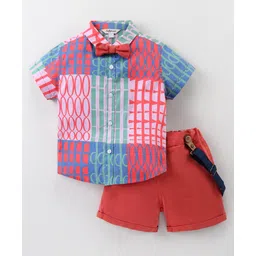 ToffyHouse 100% Woven Cotton Half Sleeves Shirt &  Shorts Set With Suspender & Bow - Multicolor-picture-28