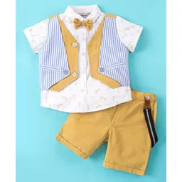 ToffyHouse 100% Woven Cotton Half Sleeves Shirt & Shorts Set With Suspenders & Waistcoat Striped- Yellow & Blue-picture-34