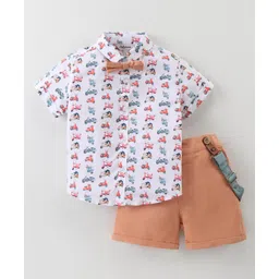 ToffyHouse 100% Woven Cotton Half Sleeves Vehicle Printed Shirt & Shorts Set With Suspender & Bow - Multicolor-picture-27