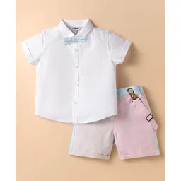 ToffyHouse 100% Woven Cotton Half Sleeves Yarn Dyed Solid Shirt & Checks Shorts Set with Suspender & Bow Tie - White & Pink-picture-32