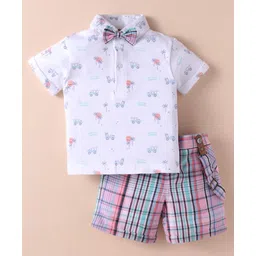 ToffyHouse 100% Woven Cotton Knit Half Sleeves T-Shirt & Shorts Set With Suspender & Bow with Checks & Vehicle Print - White& Pink-picture-35