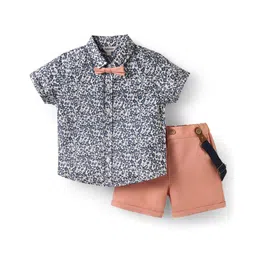 ToffyHouse 100% Woven Cotton Poplin Half Sleeves Floral Print Shirt & Twill Woven Shorts Set With Bow & Suspender - Pink & Navy Blue-picture-19
