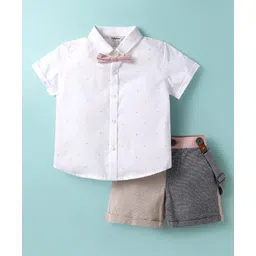 ToffyHouse 100% Woven Cotton Poplin Half Sleeves Solid Shirt & Twill Woven Shorts Set With Bow & Suspender - Grey & Black-picture-10