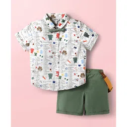 ToffyHouse 100% Woven Cotton Poplin Half Sleeves Text Print Shirt & Twill Woven Shorts Set With Bow & Suspender - Dark Green & White-picture-15