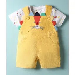 ToffyHouse Corduroy Woven Half Sleeves T-Shirt & Dungaree with Animal Applique - White & Yellow-picture-19