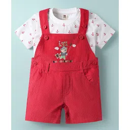 ToffyHouse Corduroy Woven Half Sleeves T-Shirt & Dungaree with Teddy Embroidery - White & Red-picture-16